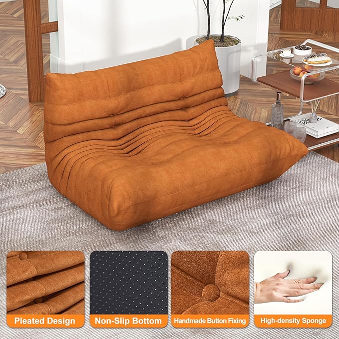 Amber Orange Ripple Loveseat Floor Sofa - Togo-Style Foam Lounge Sofa for Bold Living Rooms, Boho Interiors, and Family Moments Worth Remembering