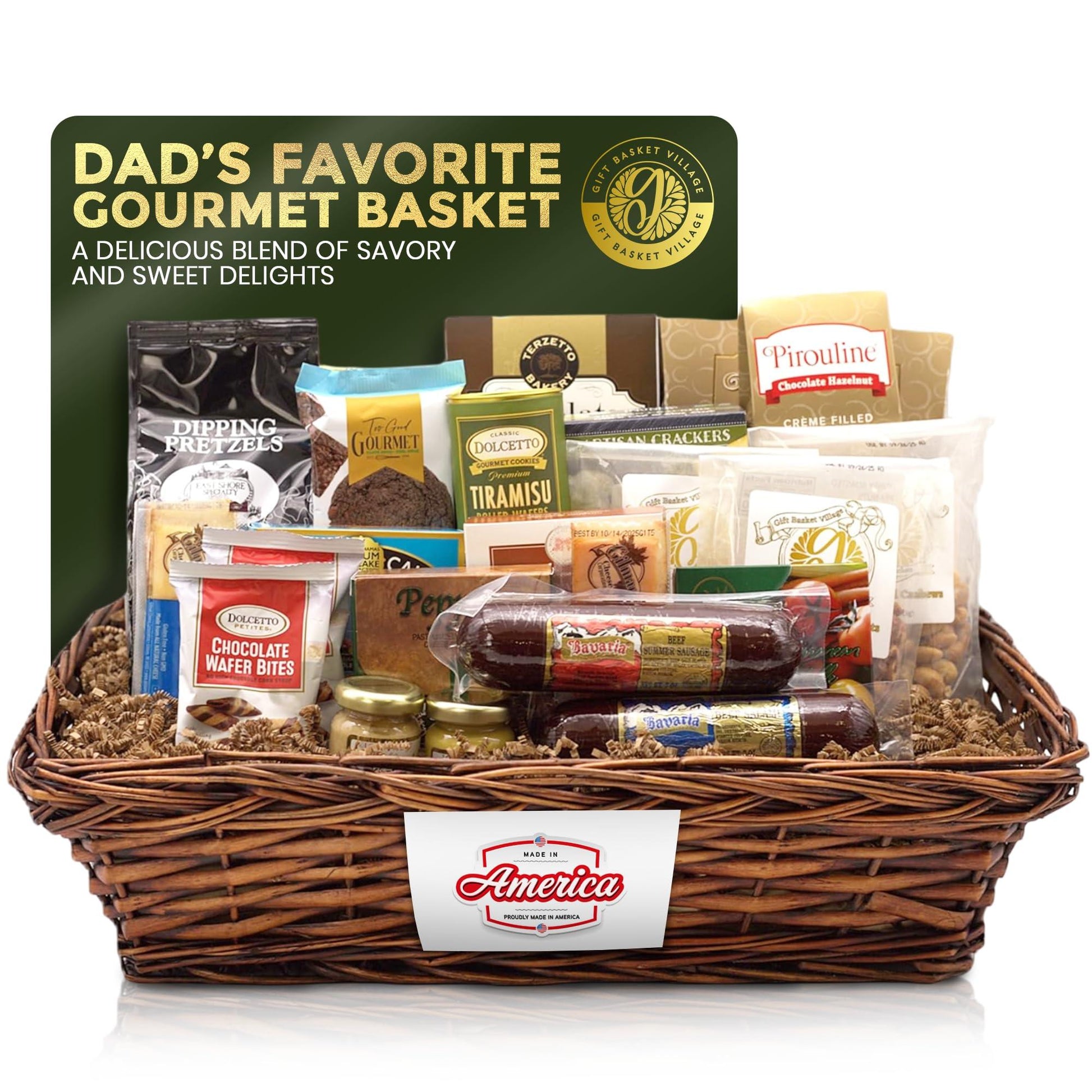 Gourmet snack gift basket with wicker basket and assorted crackers, pretzels, cookies, and sweets