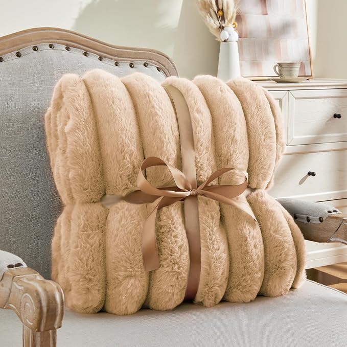 Brown Faux Rabbit Fur Throw Blanket – 50"x60" | 770GSM Double-Sided Luxury Fluffy Blanket | 3D Striped Plush Couch Throw