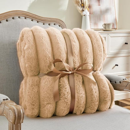 Brown Faux Rabbit Fur Throw Blanket – 60"x80" | 770GSM Double-Sided Luxury Fluffy Blanket | 3D Striped Plush Throw for Two
