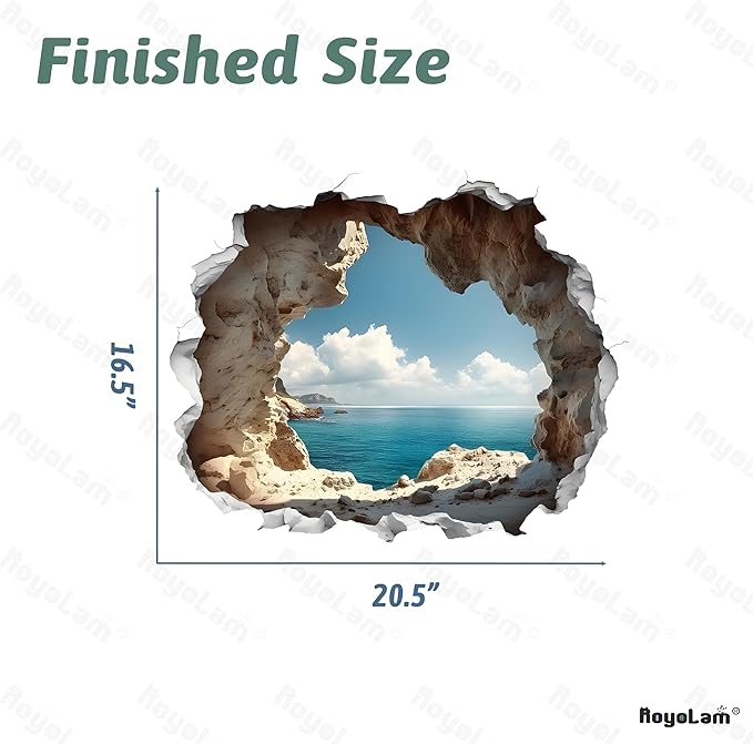 Cave wall decal with ocean opening, finished size diagram on product sheet