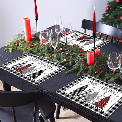Christmas placemats set with buffalo plaid border and Christmas tree illustrations