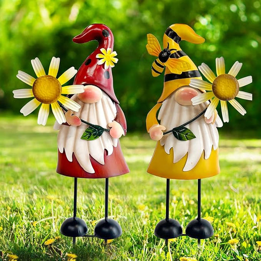 Metal gnome yard statues set of 2: red ladybug and yellow bee, with daisies