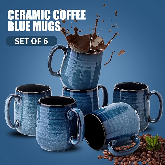 Navy Blue Ceramic Coffee Mugs – Set of 6 | 12oz Thick-Wall Heat Retention | Dishwasher & Microwave Safe | Coffee Gift Set