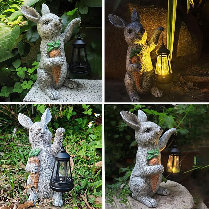 Solar Rabbit Garden Statue with Lantern and Carrot - Handmade Resin Pathway and Patio Decor