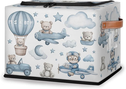 Rectangular Storage Baskets for Shelves - Waterproof Foldable Laundry Basket, Nursery Hamper, Reusable Toy Bin for Organizing Toys, Books, Clothes, Closet 14"x10.2" x10.4" (Little Bear)