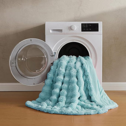 Blue Faux Fur Queen Blanket – 90"x90" | 750GSM Wavy Bubble Texture | Bold Sophisticated Plush Throw for Bed, Sofa & Chaise Lounge