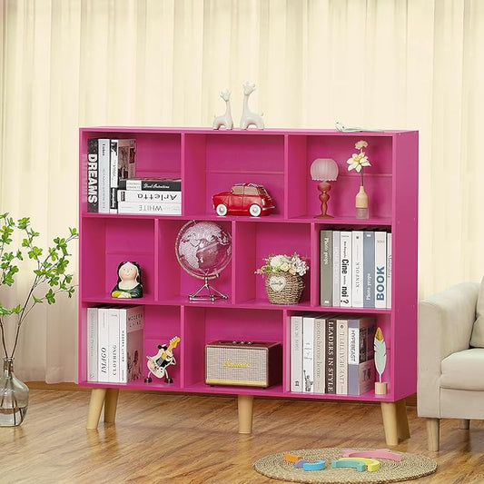 Hot Pink 10-Cube Bookcase with Wood Legs - 3-Tier Mid-Century Wide Freestanding Display Shelf for Girls Room, Bedroom, and Bold Home Office