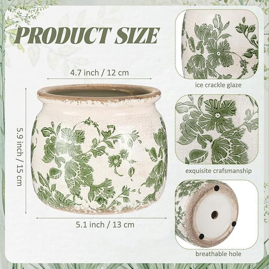Beige ceramic planter with green leaf and flower print and crackled glaze finish