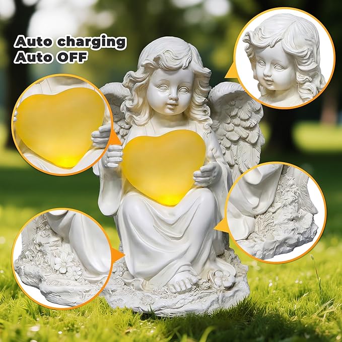 Solar Angel Garden Statue with Glowing Heart - Resin Outdoor Memorial and Love Decor