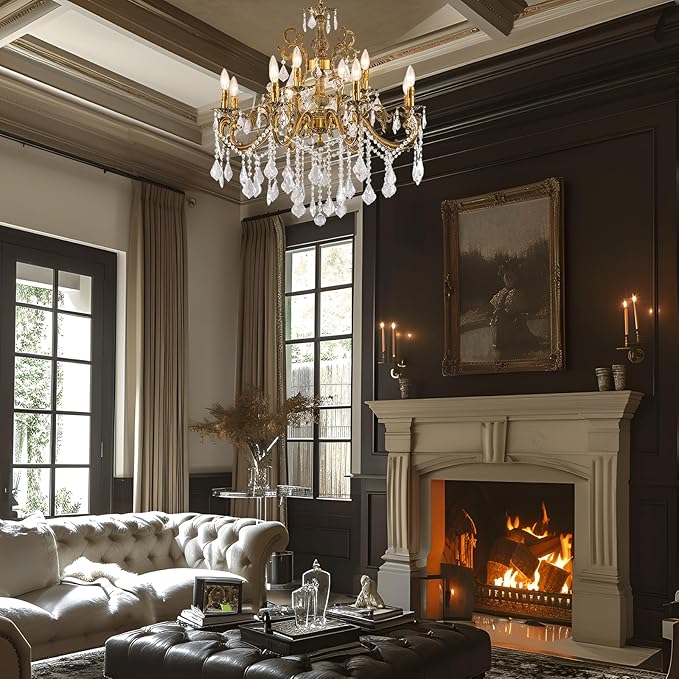 Antique gold crystal chandelier with candle-style lights and ornate scroll arms