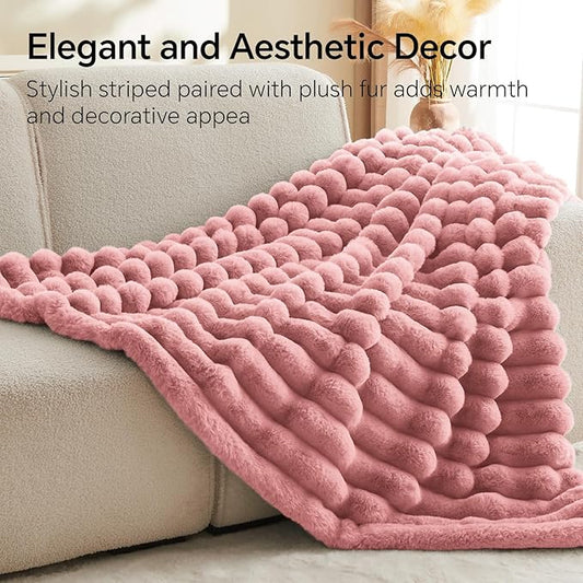 Pink Faux Rabbit Fur Throw Blanket – 60"x80" | 770GSM Double-Sided Luxury Fluffy Blanket | 3D Striped Plush Throw for Two