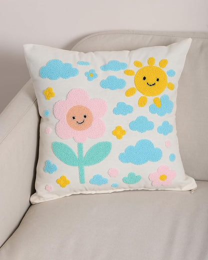 Handmade cotton throw pillow cover featuring a smiling sun, pink flower, and clouds