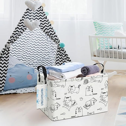 Cat-printed rectangular canvas storage bin with side handles, used for organizing items