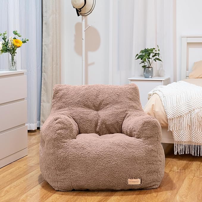 Blush Teddy Faux Fur Bean Bag Armchair - Soft Memory Foam Reading Chair for Kids Room, Reading Corner, Nursery, and Toddler Story Time