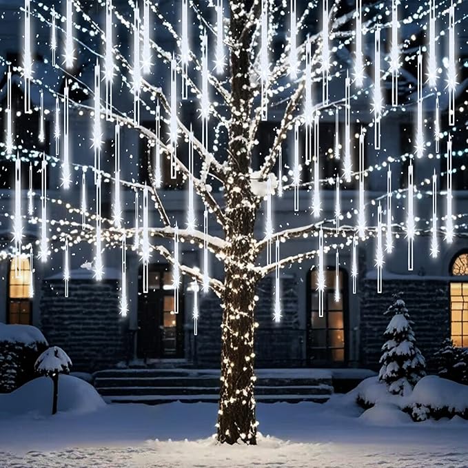 Outdoor meteor shower icicle lights, 24 white tubes with falling spark effect.