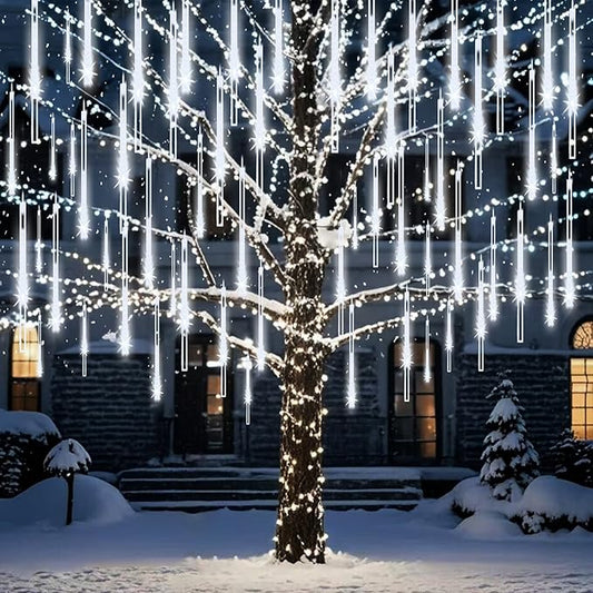 Outdoor meteor shower icicle lights, 24 white tubes with falling spark effect.