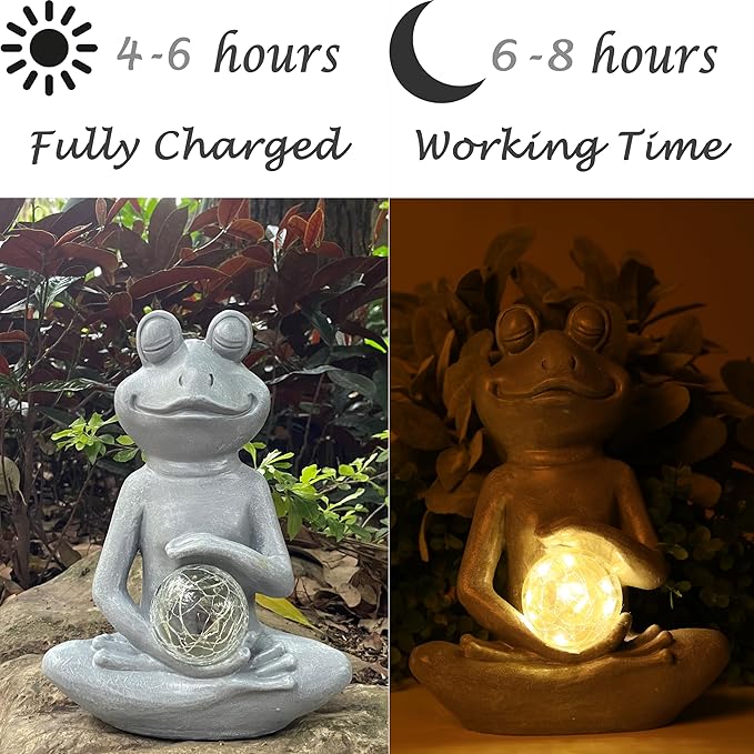 Solar Yoga Frog Garden Statue - Meditating Zen Frog Outdoor Decor with LED Light
