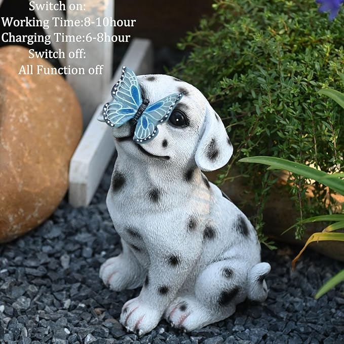 Dalmatian Solar Garden Statue with LED Light - Black and White Resin Outdoor Decor