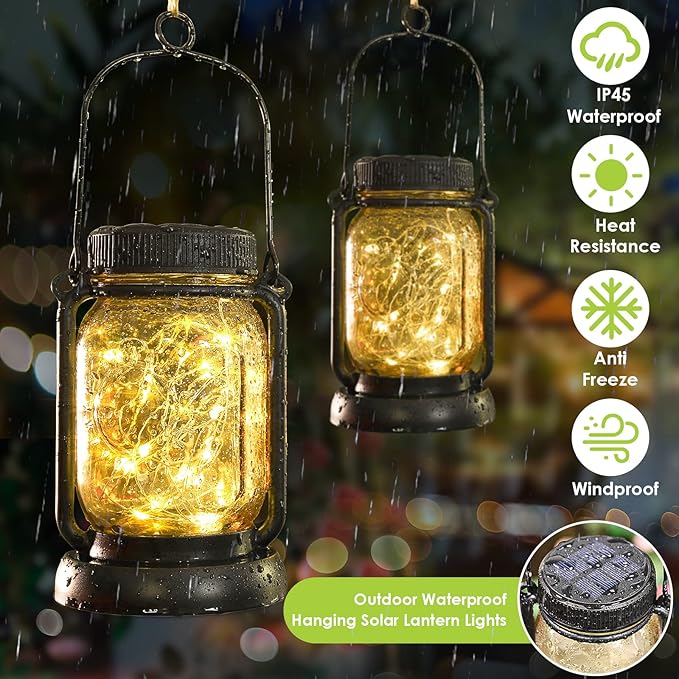 Solar mason jar lantern pair with warm glow and black metal tops, waterproof design
