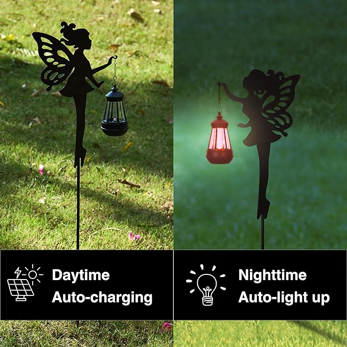 Black metal fairy stake solar lanterns glowing in multicolor light from jar-style covers