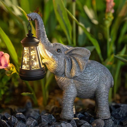 Solar Elephant Garden Statue with Lantern - IP65 Good Luck Resin Outdoor Decor