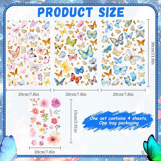 Glow-in-the-dark butterfly and flower wall decal sheets with measurements and set info