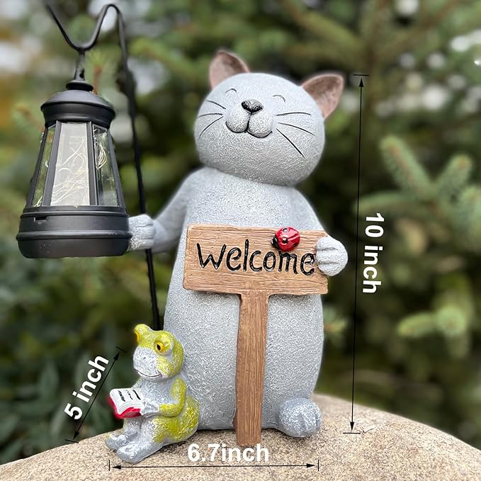 Cat Solar Garden Statue with Lantern and Welcome Sign - IP44 Resin Decor