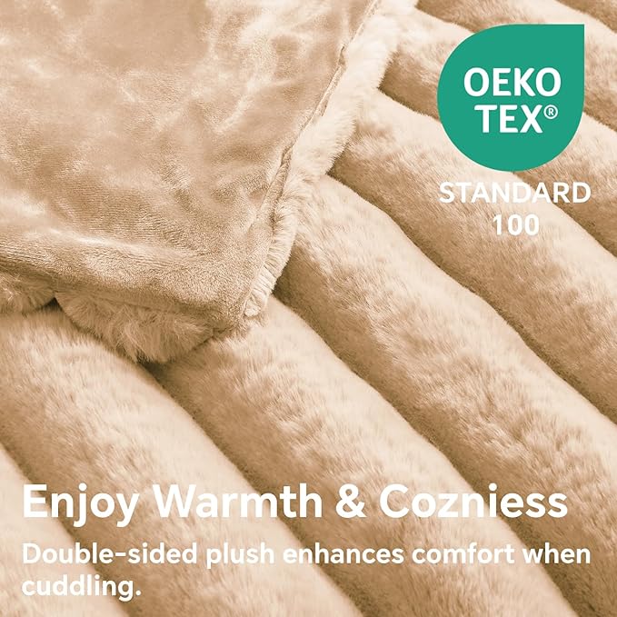 Brown Faux Rabbit Fur Throw Blanket – 50"x60" | 770GSM Double-Sided Luxury Fluffy Blanket | 3D Striped Plush Couch Throw