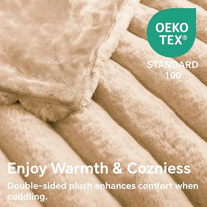 Brown Faux Rabbit Fur Throw Blanket – 50"x60" | 770GSM Double-Sided Luxury Fluffy Blanket | 3D Striped Plush Couch Throw
