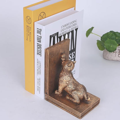 Antique gold cat resin bookends pair, one cat lifting a book cover
