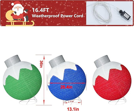Three illustrated lit globe ornaments in blue, red and green with glitter finish