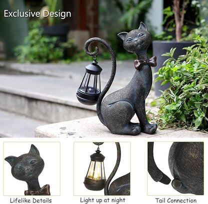 Bronze Solar Cat Garden Statue with Lantern Tail - Resin Outdoor Decor