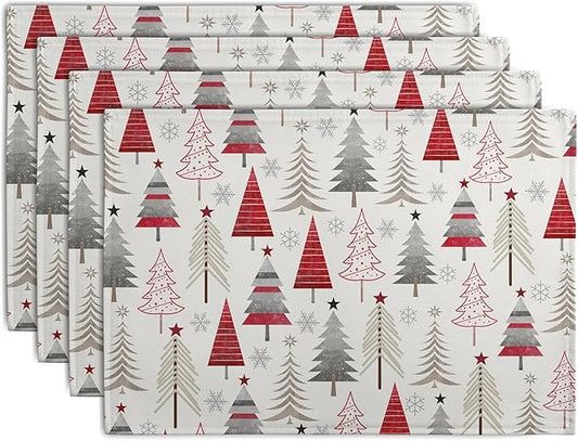 Set of 4 rectangular Christmas tree placemats in red, gray, and cream with stars