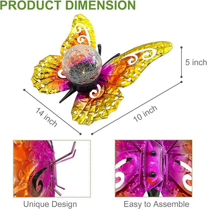 Solar Butterfly Tabletop Garden Light with Crackle Glass Globe - Metal Decor