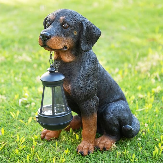 Solar Rottweiler Garden Statue with LED Light - 13-Inch Resin Dog Outdoor Decor