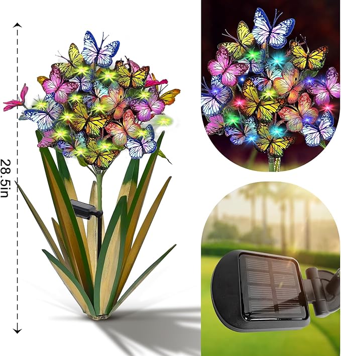 Solar Metal Iris Flower Garden Stakes with Color-Changing Butterflies - IP67 Waterproof Set of 3