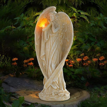 Large Solar Angel Garden Statue with Glowing Butterfly - Resin Outdoor Lawn and Patio Decor