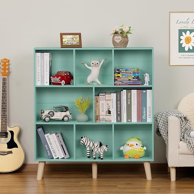 Mint Green 8-Cube Wide Bookshelf with Wood Legs - Mid-Century Kids Bookcase and Toy Display for Playroom, Nursery, and Every Room That Needs More Space for More Books