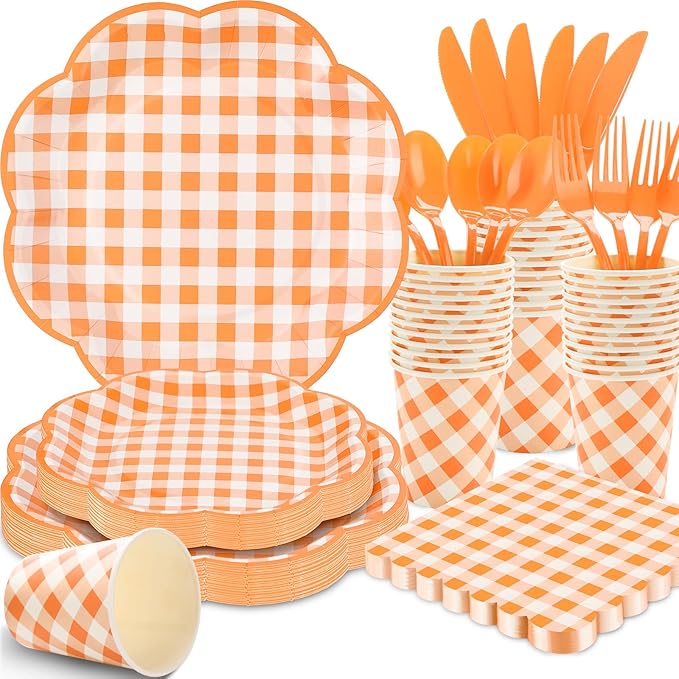 Orange and white gingham paper plates, bowls, cups, and cutlery set for party