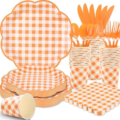 Orange and white gingham paper plates, bowls, cups, and cutlery set for party