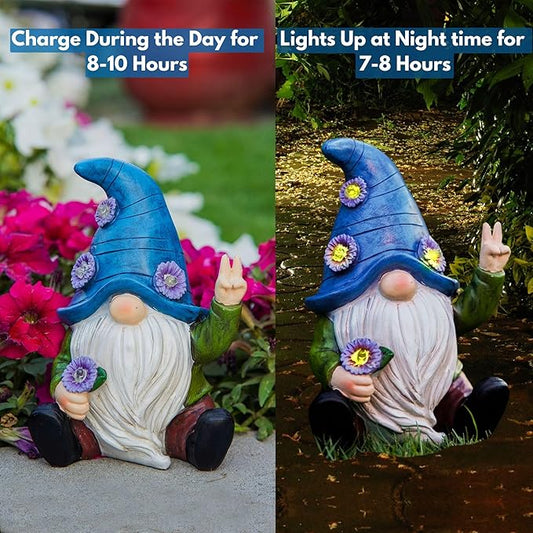 Blue garden gnome statue with white beard, flower medallions, raised peace hand