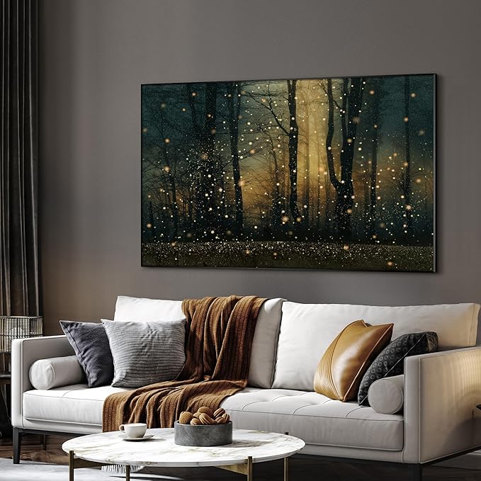 Magical Firefly Forest at Twilight Framed Wall Art – Extra Large 30"x60" Enchanted Nature Scene | Statement Home Decor for Living Room & Bedroom