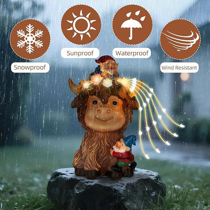 Highland cow solar garden statue with gnome on top, glowing fairy lights, stone base