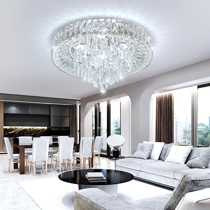 Round clear crystal flush mount ceiling chandelier with metal ring and dangling prisms