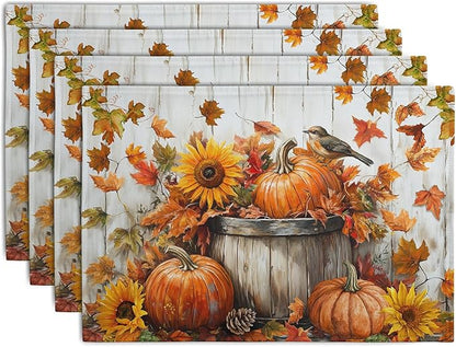 Cotton-linen placemats set with fall pumpkins, sunflower, bird and leaf pattern, stitched edge