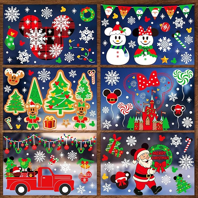 Christmas window cling sheet set with Santa, snowmen, wreath, candy, and snowflakes