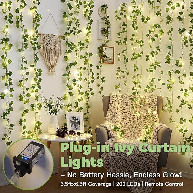 Pothos Vine Fairy Lights – 6.5ft x 6.5ft 200 LED Warm White | Pre-Strung Leaf Curtain Lights | Remote Timer Dimmer | Bedroom Dorm Wedding Party Wall Decor