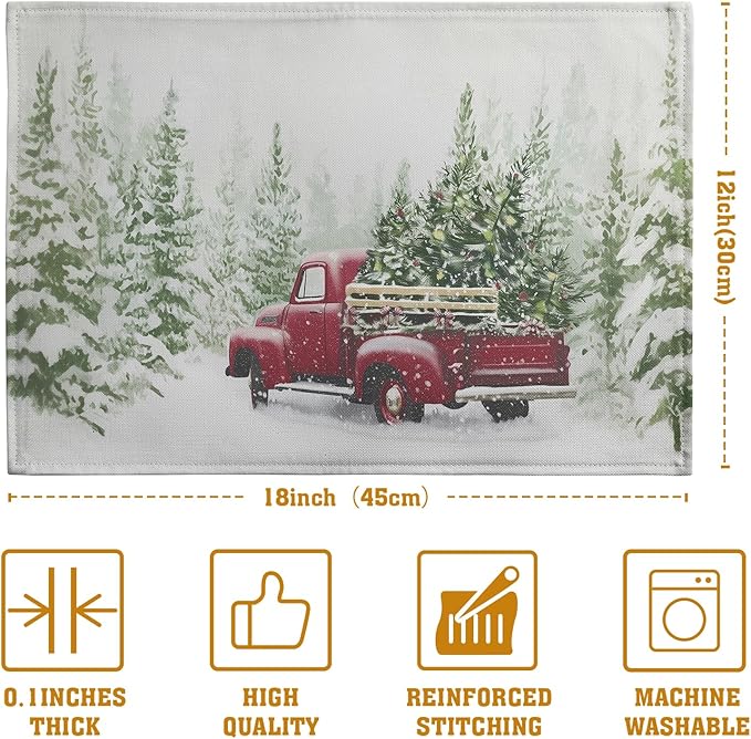 Christmas placemat with red truck and pine trees on snowy white fabric, set of four