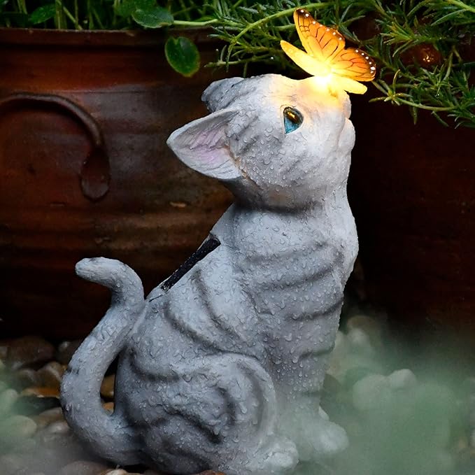 Cat Solar Garden Statue with LED Light - Waterproof Resin Outdoor Decor